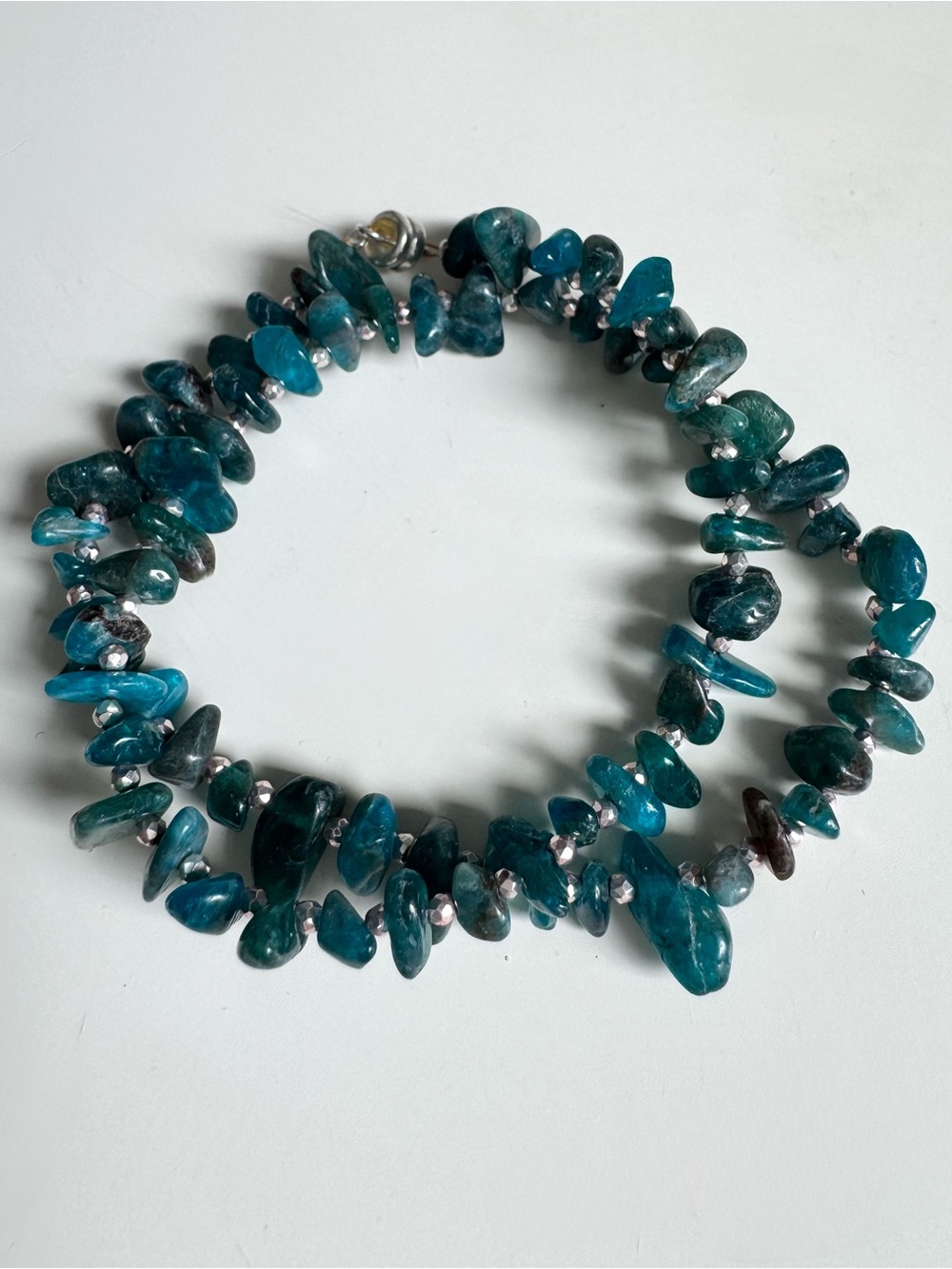 Aquamarine Stone Chip Double Wrap Bracelet with Silver Spacer Beads